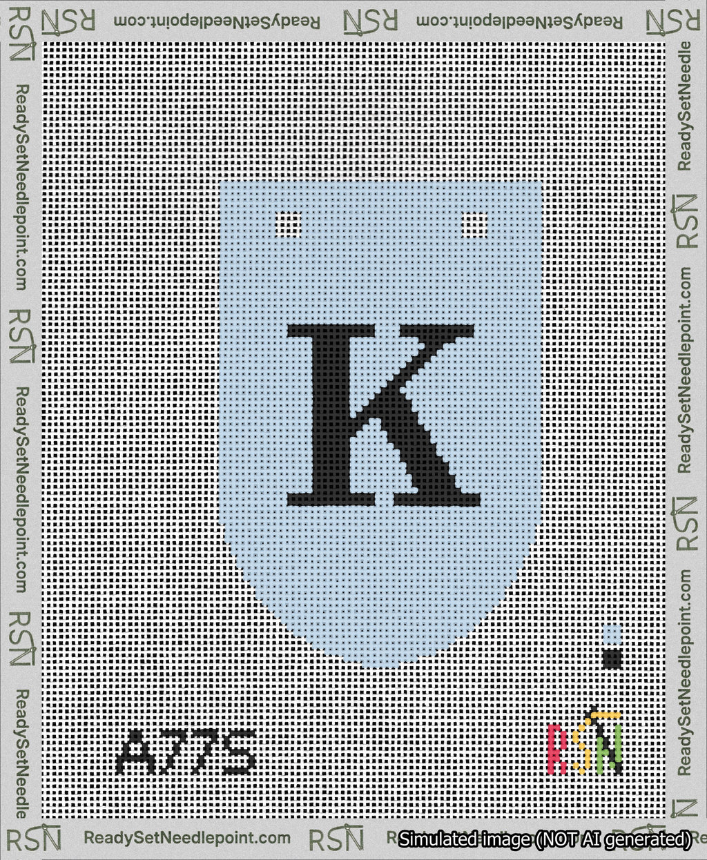 A taped needlepoint canvas with the design: Banner 13 mesh count Rounded K Black on Light Blue.