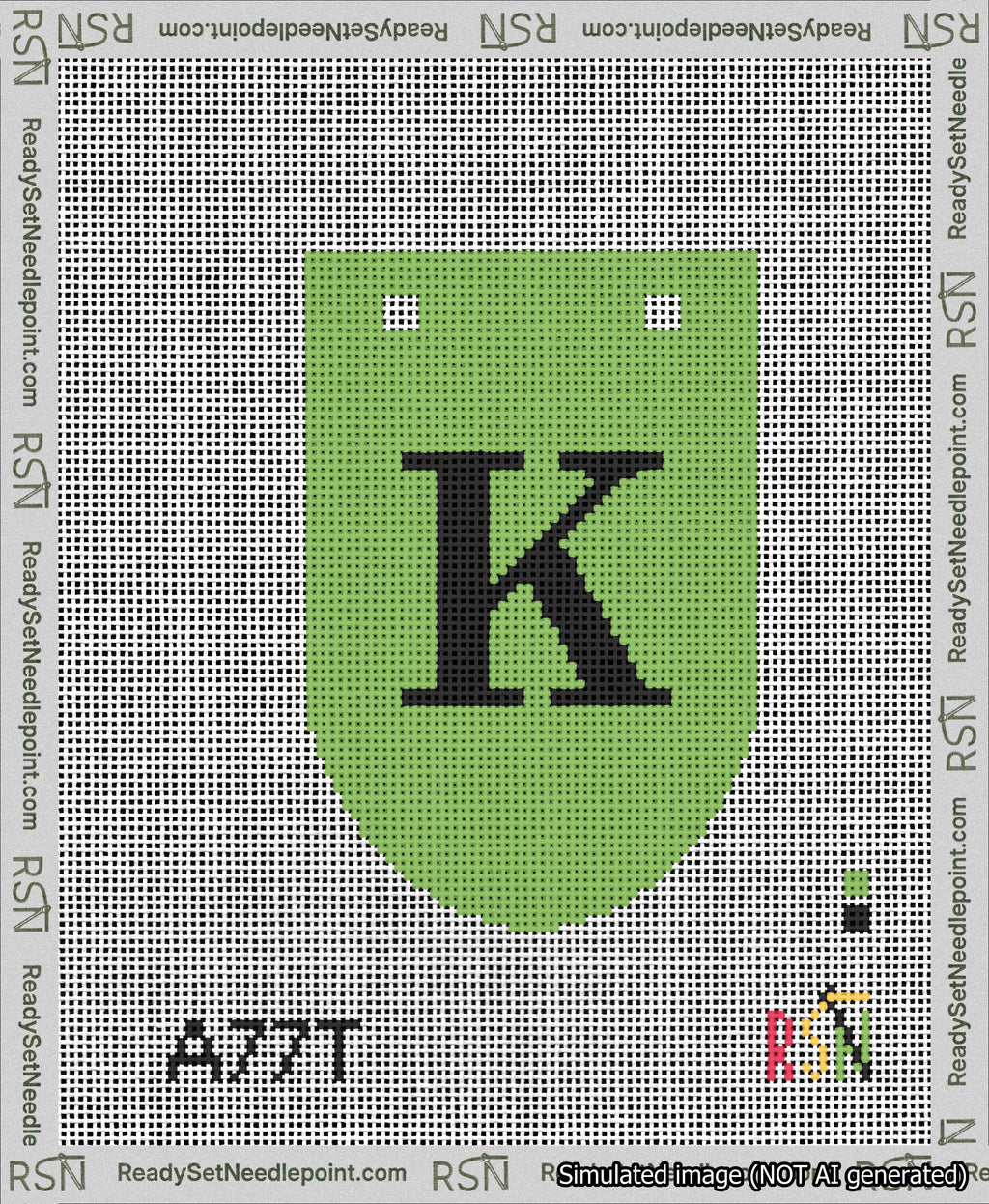 A taped needlepoint canvas with the design: Banner 13 mesh count Rounded K Black on Light Green.