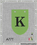 A taped needlepoint canvas with the design: Banner 13 mesh count Rounded K Black on Light Green.