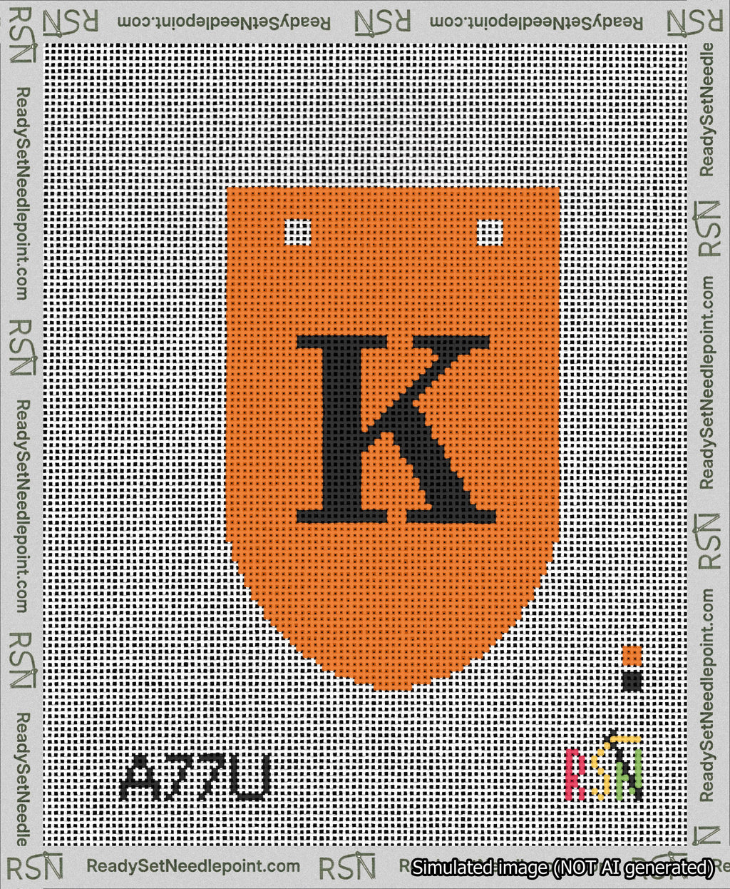 A taped needlepoint canvas with the design: Banner 13 mesh count Rounded K Black on Orange.