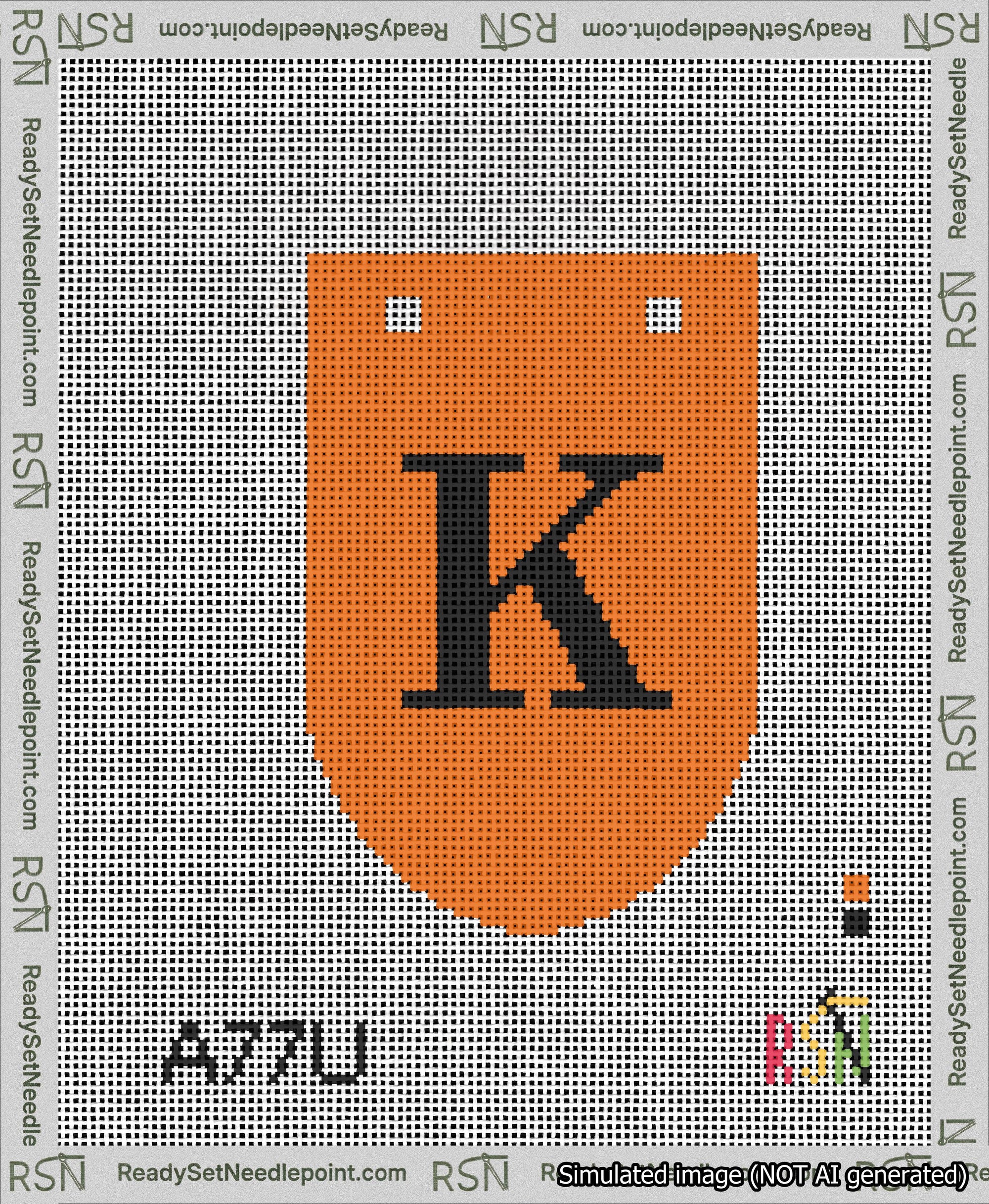A taped needlepoint canvas with the design: Banner 13 mesh count Rounded K Black on Orange.