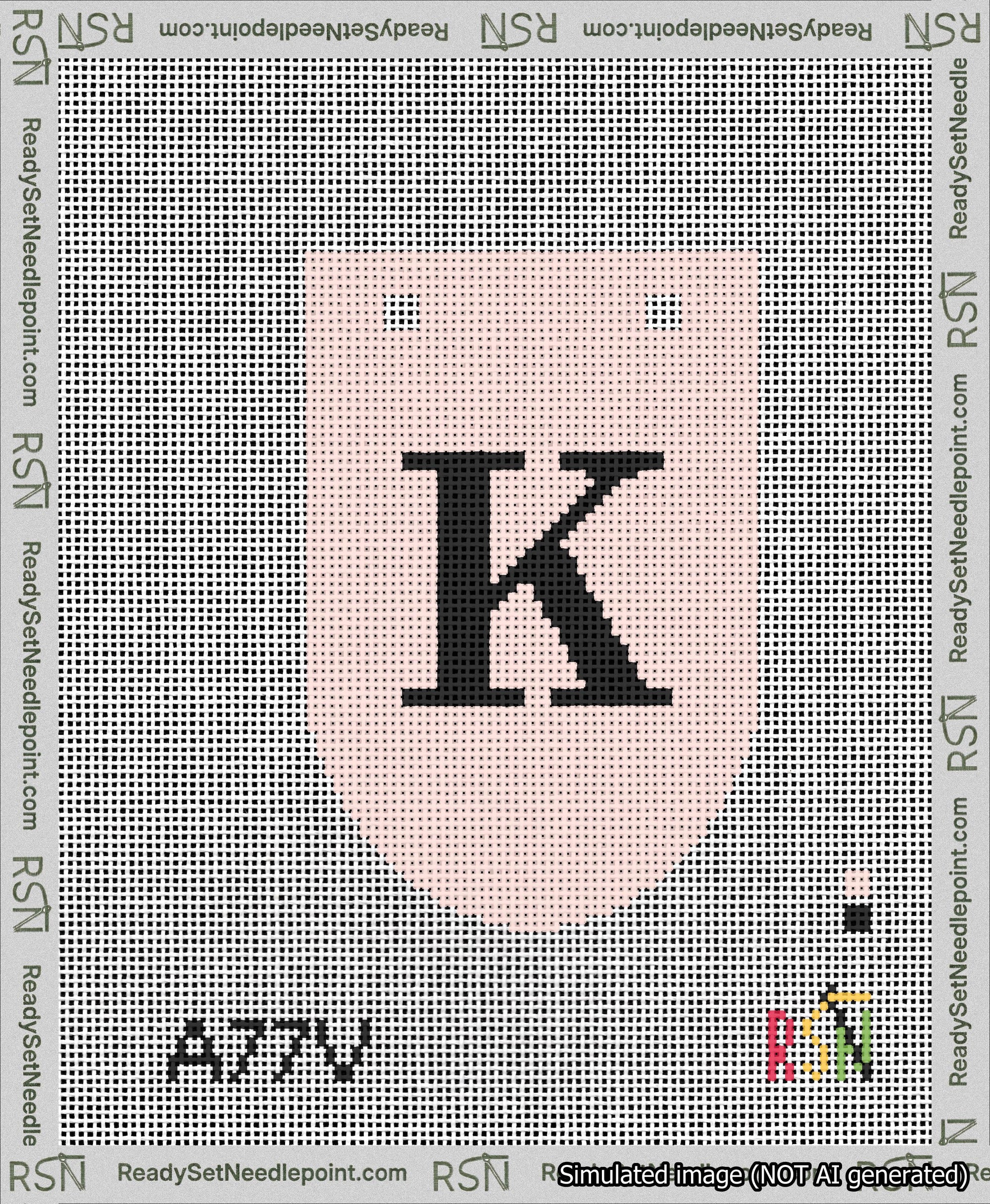 A taped needlepoint canvas with the design: Banner 13 mesh count Rounded K Black on Pink.