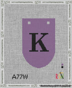 A taped needlepoint canvas with the design: Banner 13 mesh count Rounded K Black on Purple.
