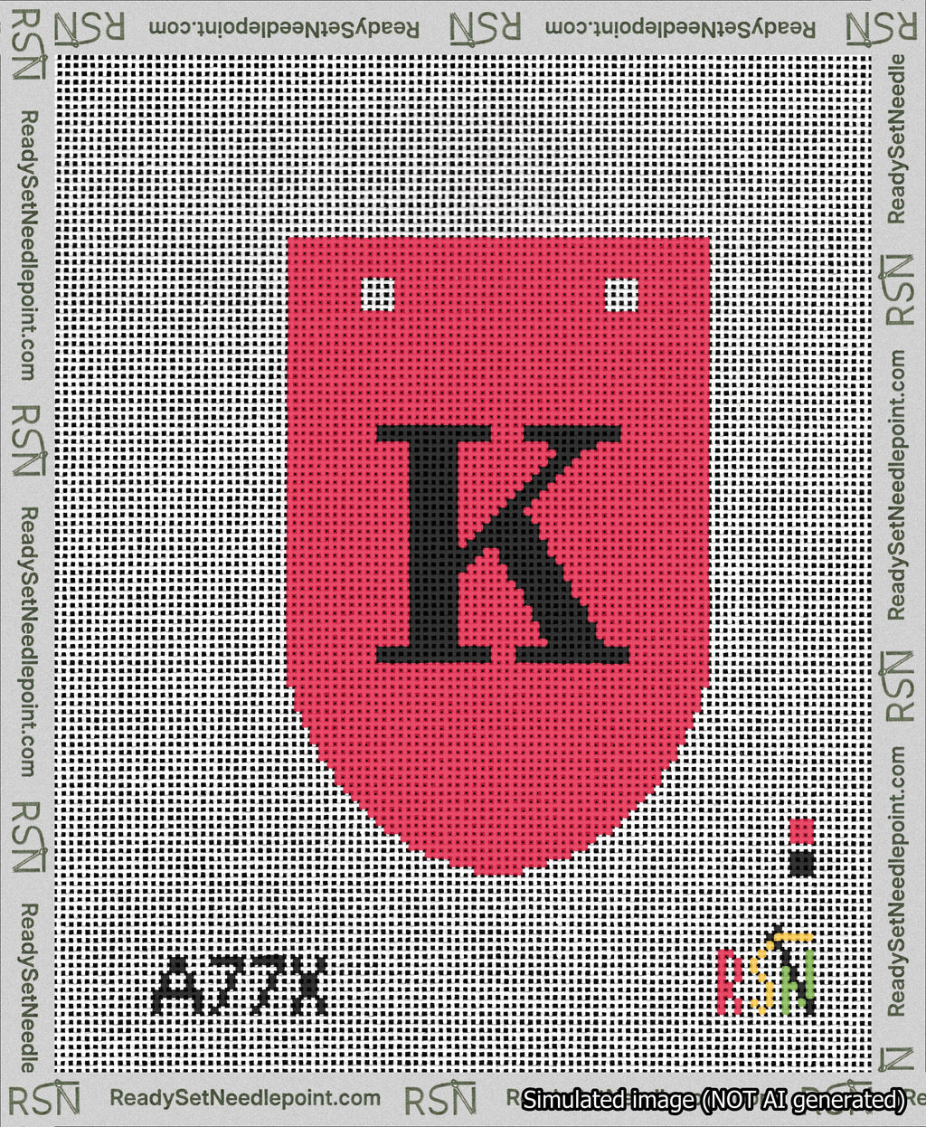 A taped needlepoint canvas with the design: Banner 13 mesh count Rounded K Black on Red.