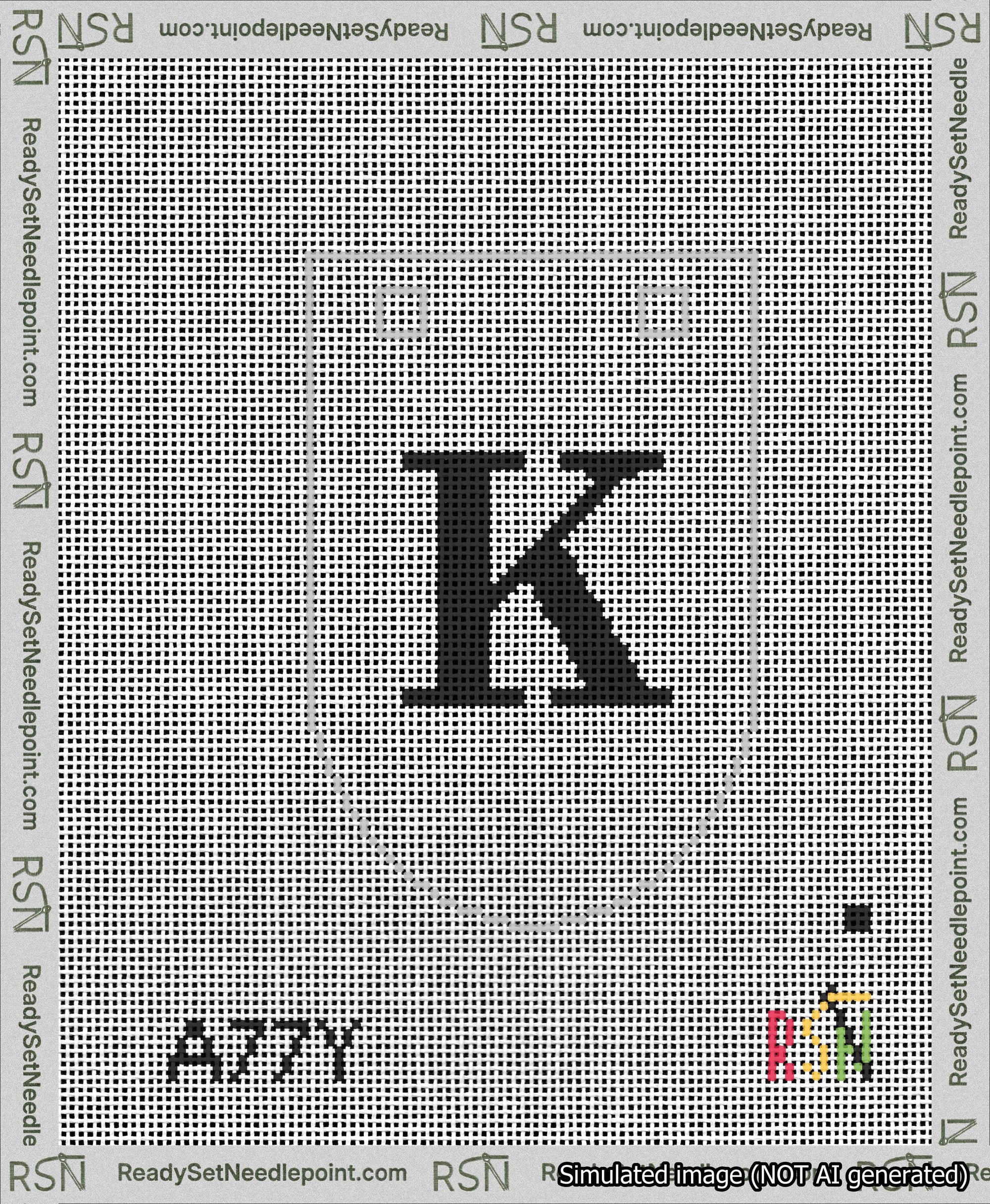 A taped needlepoint canvas with the design: Banner 13 mesh count Rounded K Black on White.