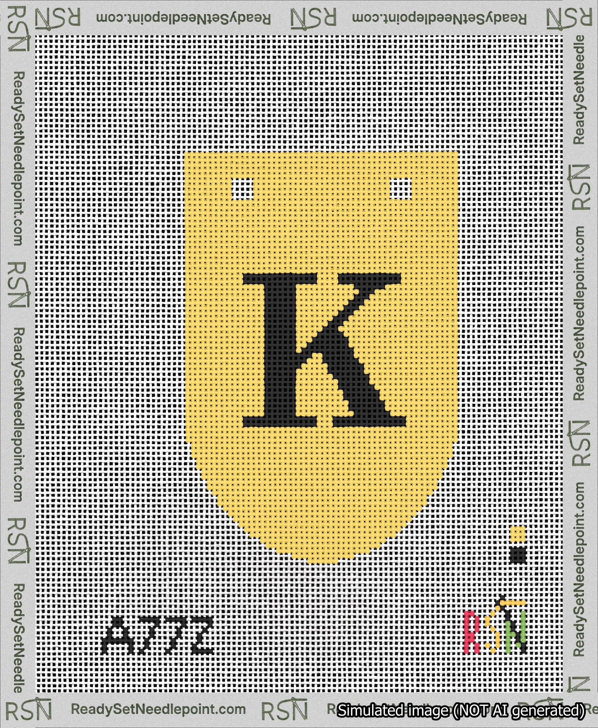 A taped needlepoint canvas with the design: Banner 13 mesh count Rounded K Black on Yellow.
