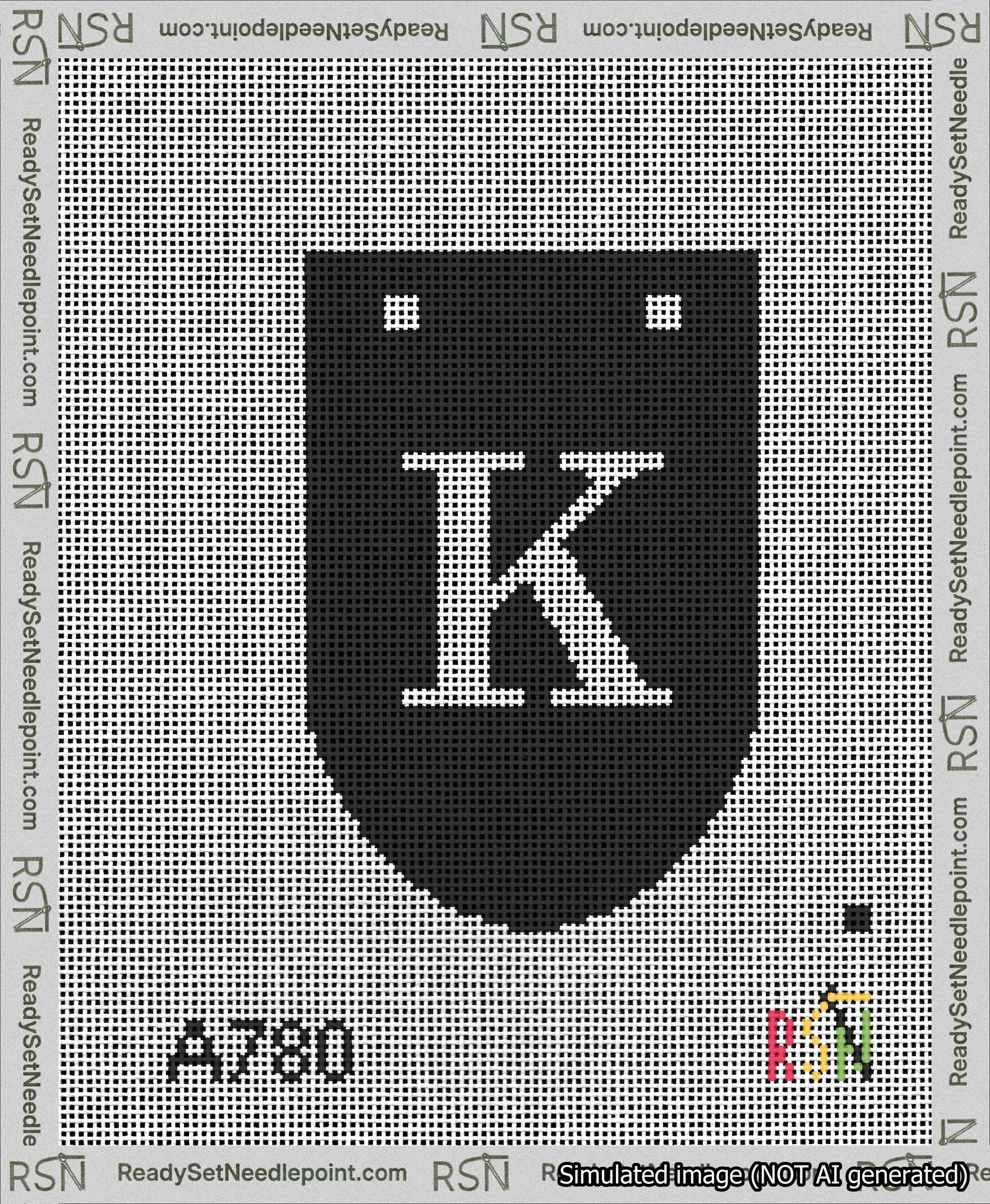 A taped needlepoint canvas with the design: Banner 13 mesh count Rounded K White on Black.