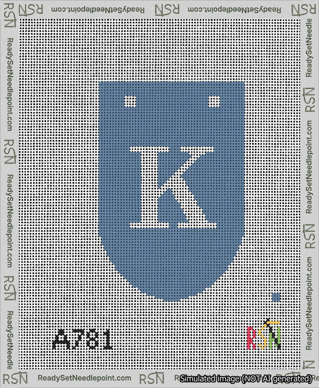 A taped needlepoint canvas with the design: Banner 13 mesh count Rounded K White on Blue.