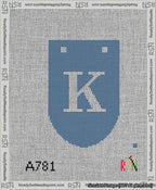 A taped needlepoint canvas with the design: Banner 13 mesh count Rounded K White on Blue.
