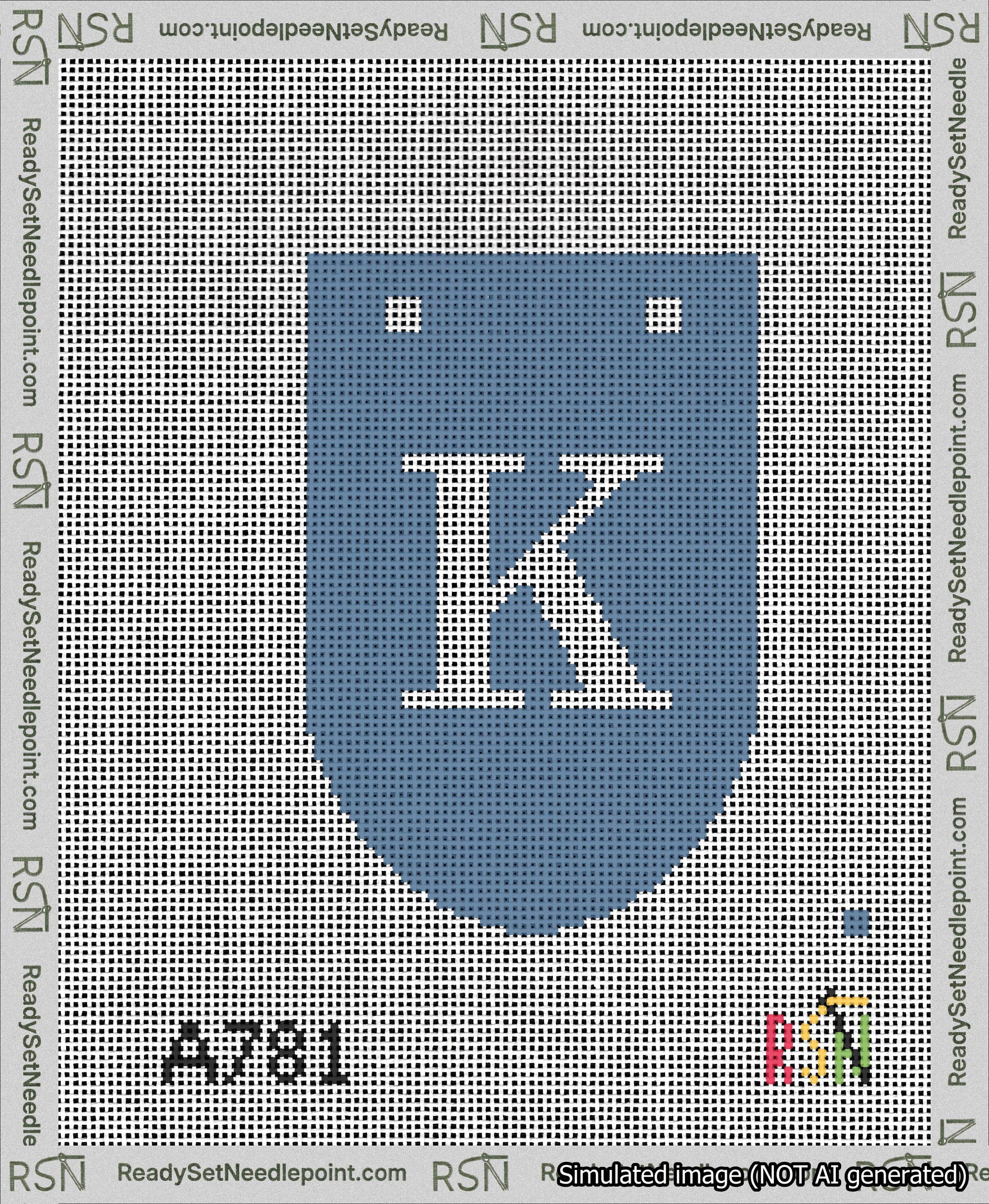 A taped needlepoint canvas with the design: Banner 13 mesh count Rounded K White on Blue.