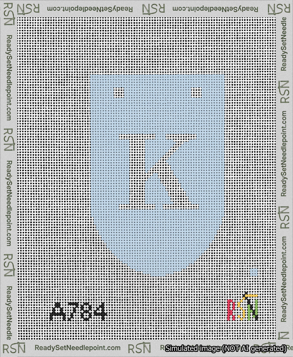 A taped needlepoint canvas with the design: Banner 13 mesh count Rounded K White on Light Blue.