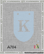 A taped needlepoint canvas with the design: Banner 13 mesh count Rounded K White on Light Blue.