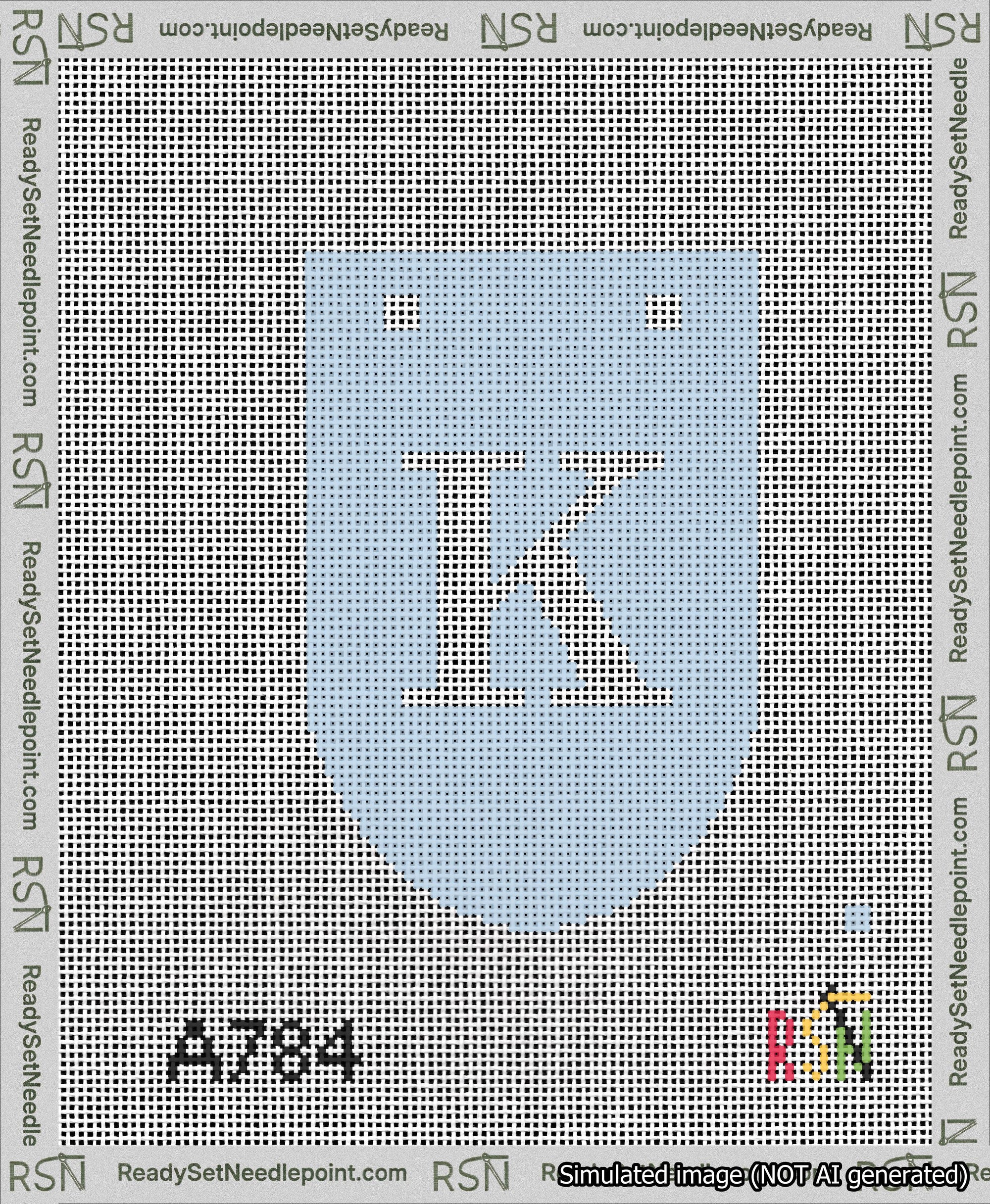 A taped needlepoint canvas with the design: Banner 13 mesh count Rounded K White on Light Blue.