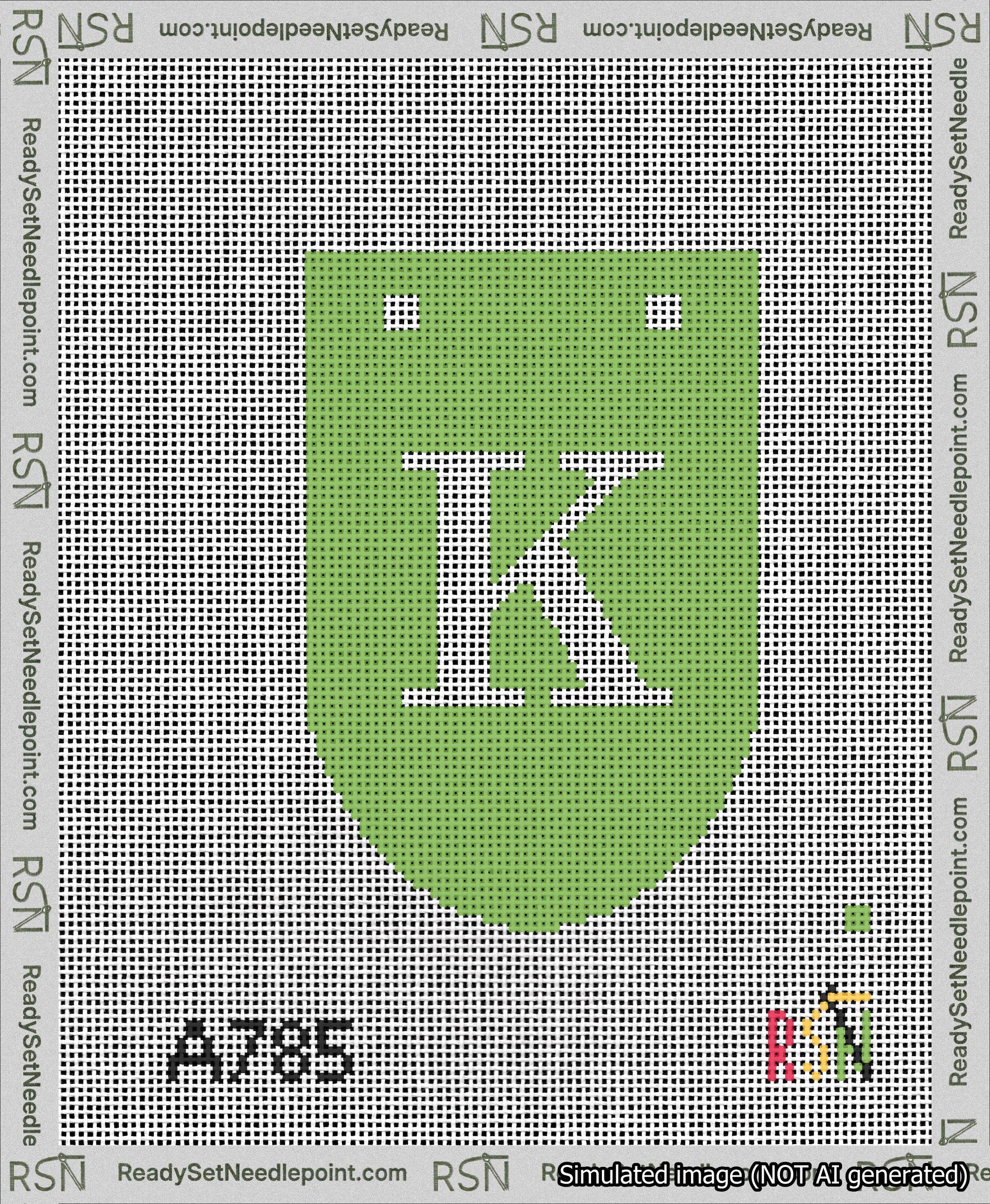 A taped needlepoint canvas with the design: Banner 13 mesh count Rounded K White on Light Green.