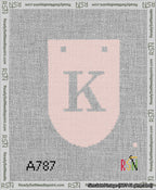 A taped needlepoint canvas with the design: Banner 13 mesh count Rounded K White on Pink.
