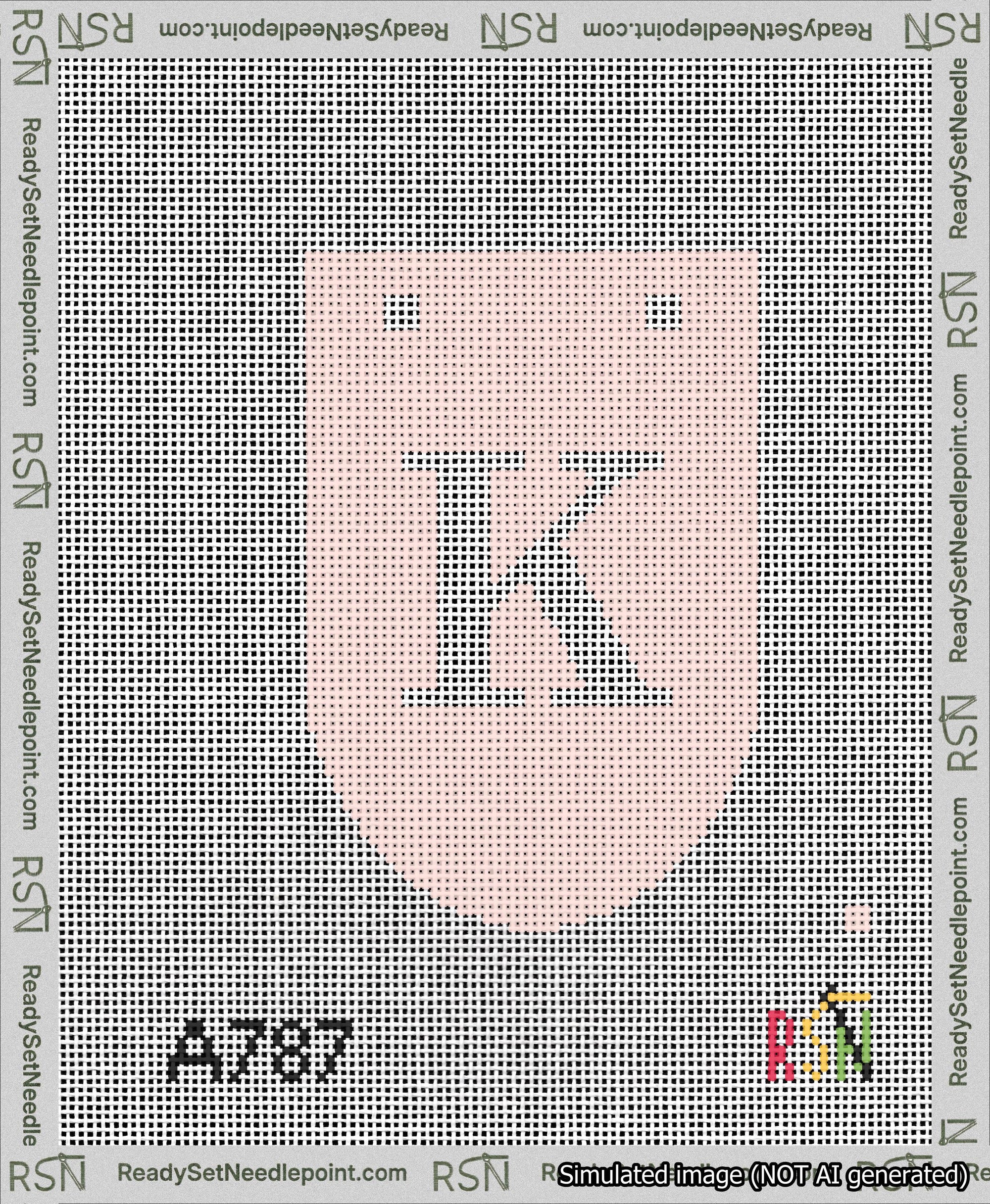 A taped needlepoint canvas with the design: Banner 13 mesh count Rounded K White on Pink.