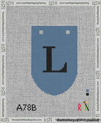 A taped needlepoint canvas with the design: Banner 13 mesh count Rounded L Black on Blue.