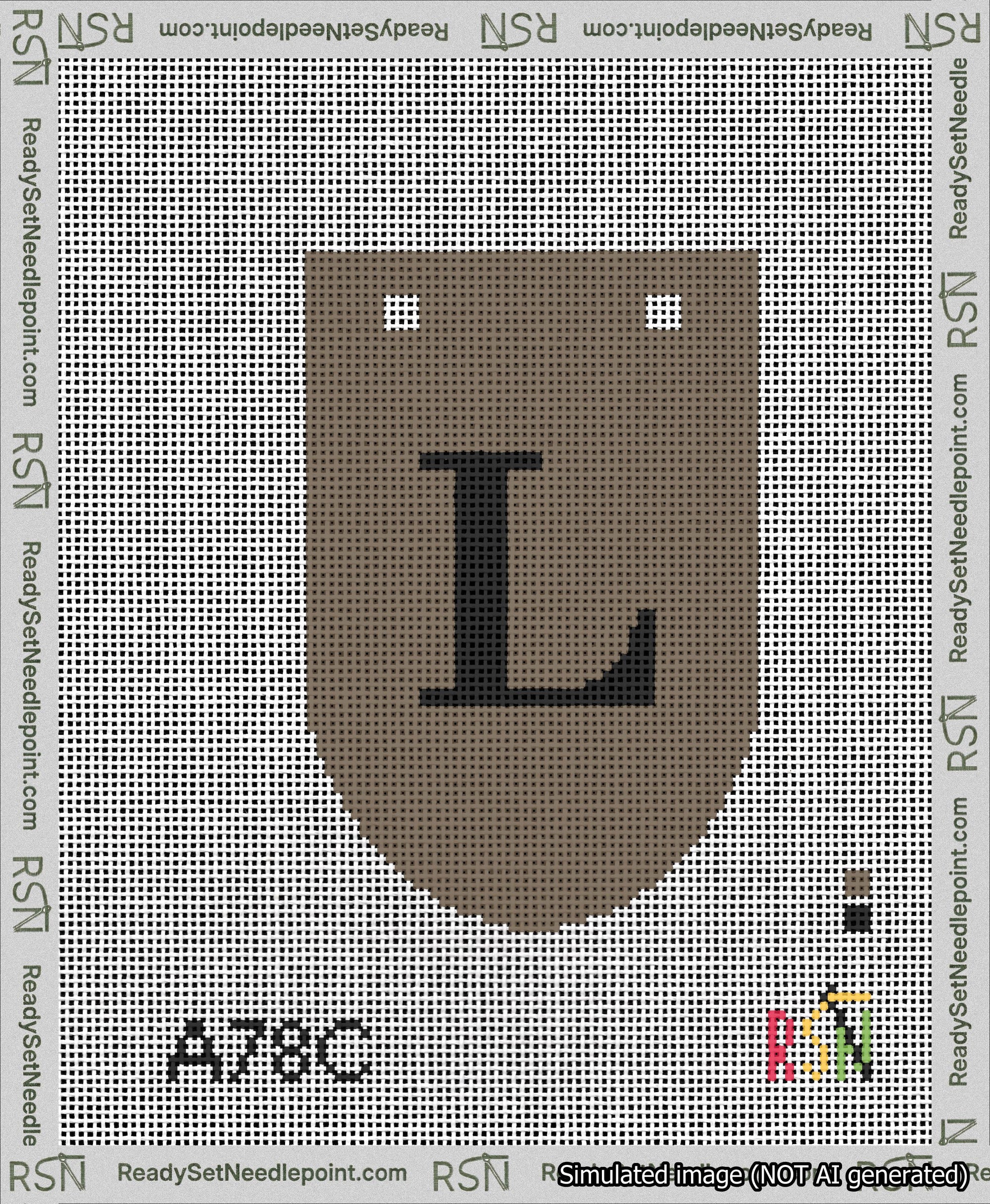 A taped needlepoint canvas with the design: Banner 13 mesh count Rounded L Black on Brown.