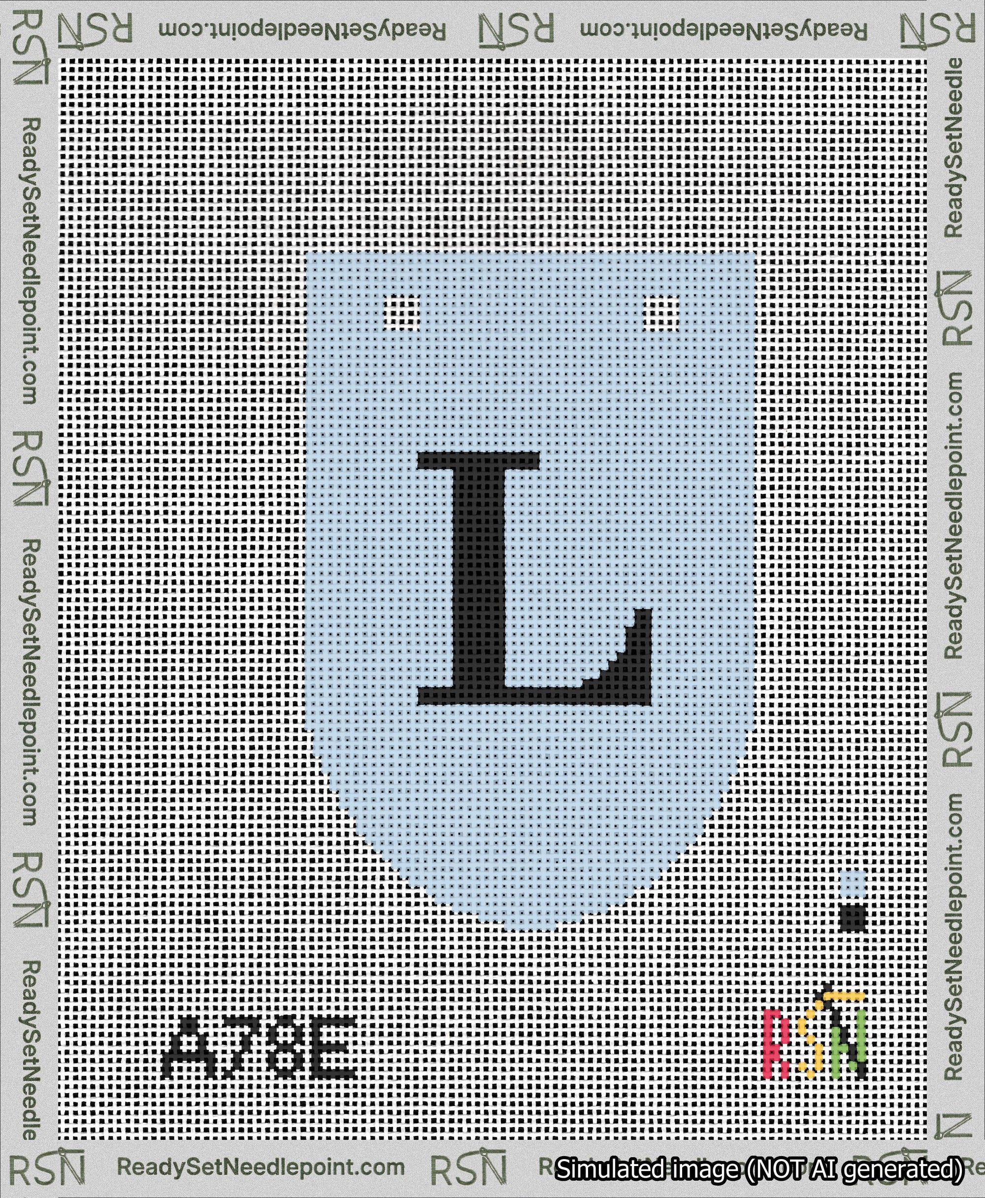 A taped needlepoint canvas with the design: Banner 13 mesh count Rounded L Black on Light Blue.