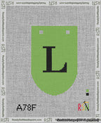 A taped needlepoint canvas with the design: Banner 13 mesh count Rounded L Black on Light Green.
