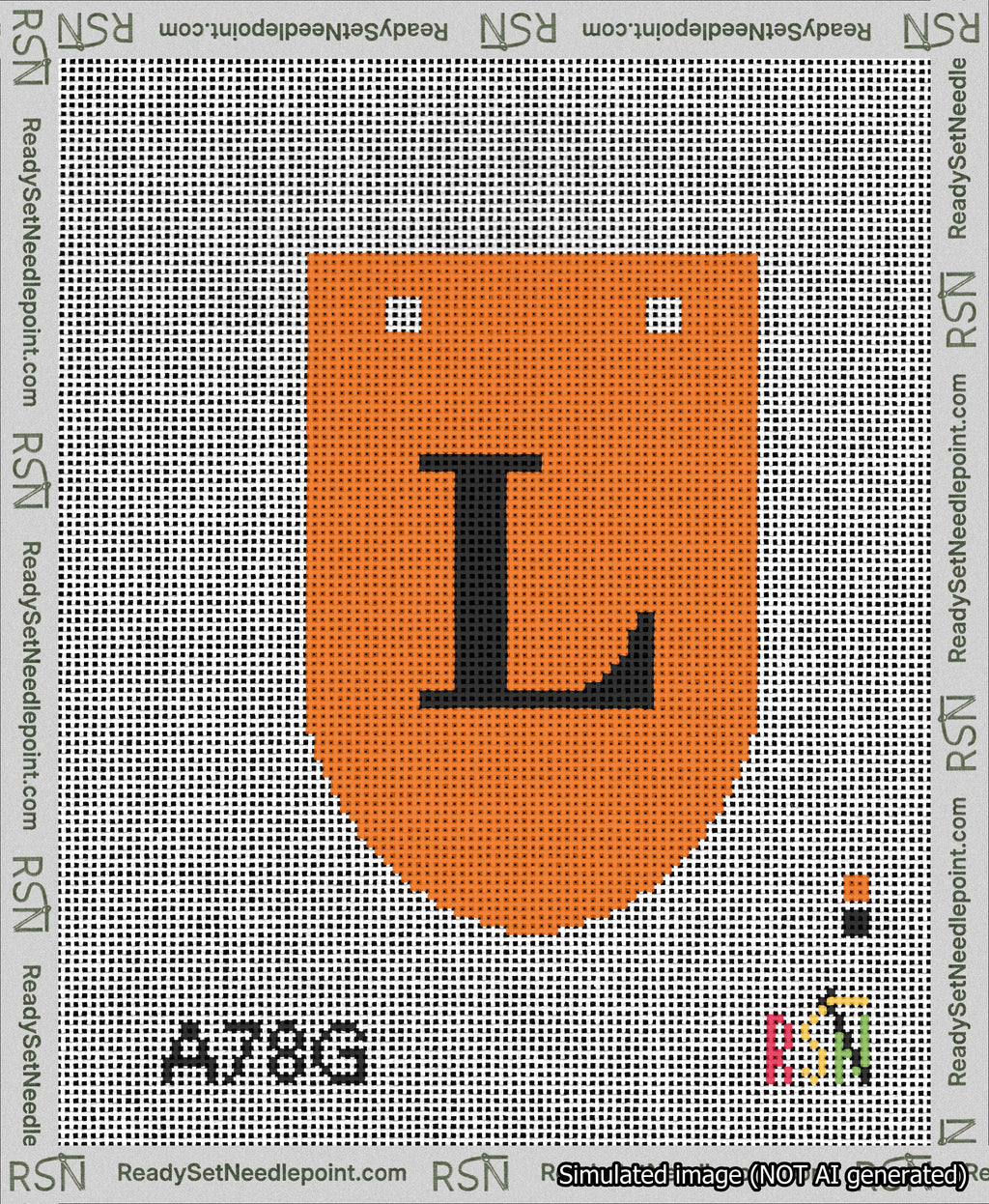 A taped needlepoint canvas with the design: Banner 13 mesh count Rounded L Black on Orange.