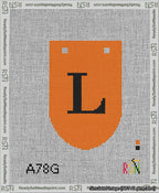 A taped needlepoint canvas with the design: Banner 13 mesh count Rounded L Black on Orange.