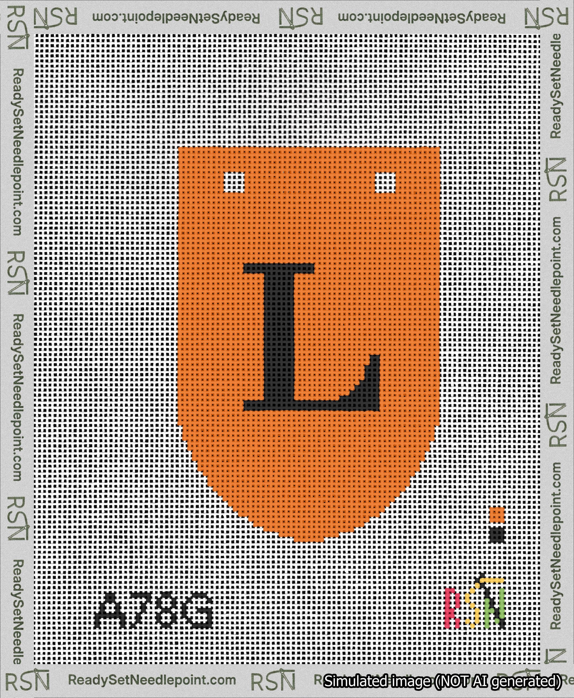 A taped needlepoint canvas with the design: Banner 13 mesh count Rounded L Black on Orange.