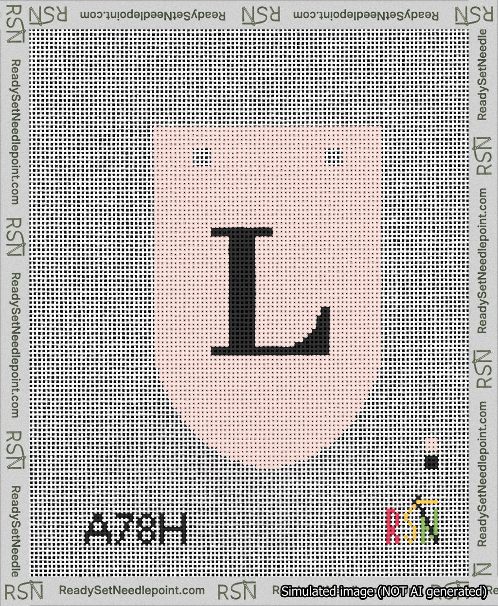 A taped needlepoint canvas with the design: Banner 13 mesh count Rounded L Black on Pink.