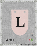 A taped needlepoint canvas with the design: Banner 13 mesh count Rounded L Black on Pink.
