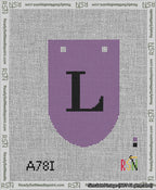 A taped needlepoint canvas with the design: Banner 13 mesh count Rounded L Black on Purple.