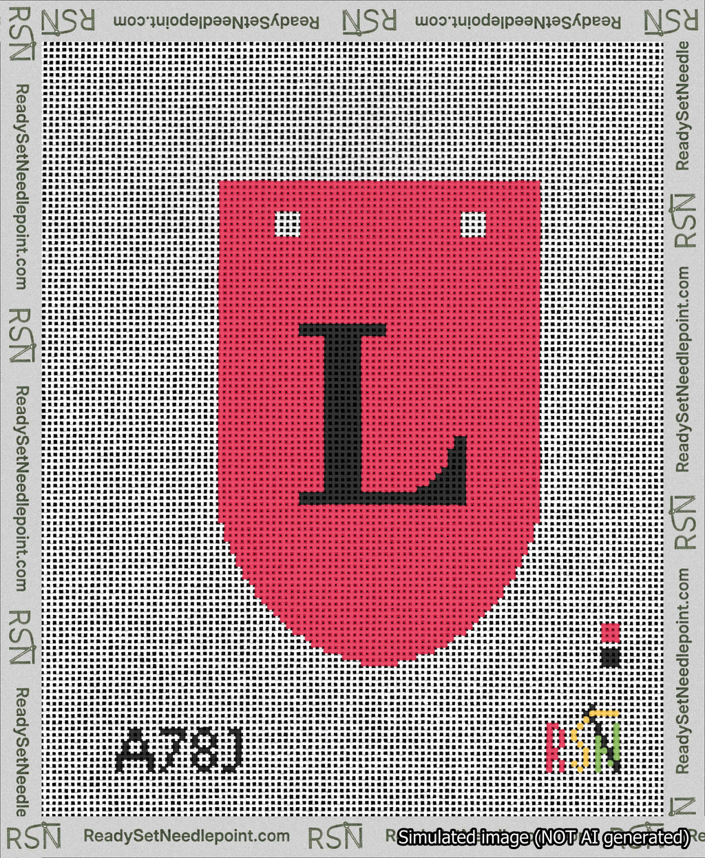 A taped needlepoint canvas with the design: Banner 13 mesh count Rounded L Black on Red.