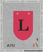 A taped needlepoint canvas with the design: Banner 13 mesh count Rounded L Black on Red.