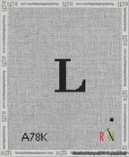 A taped needlepoint canvas with the design: Banner 13 mesh count Rounded L Black on White.