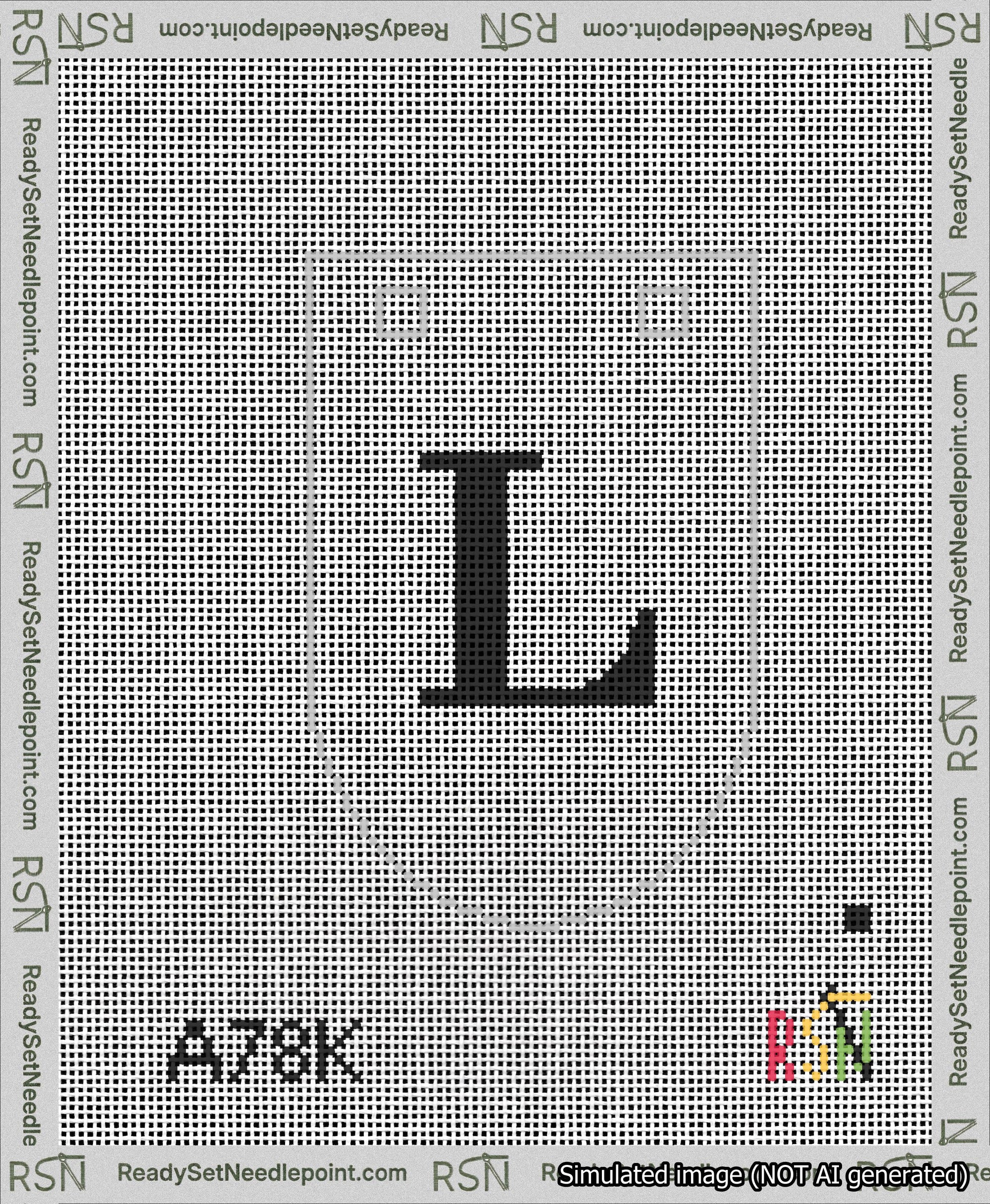 A taped needlepoint canvas with the design: Banner 13 mesh count Rounded L Black on White.