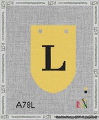A taped needlepoint canvas with the design: Banner 13 mesh count Rounded L Black on Yellow.