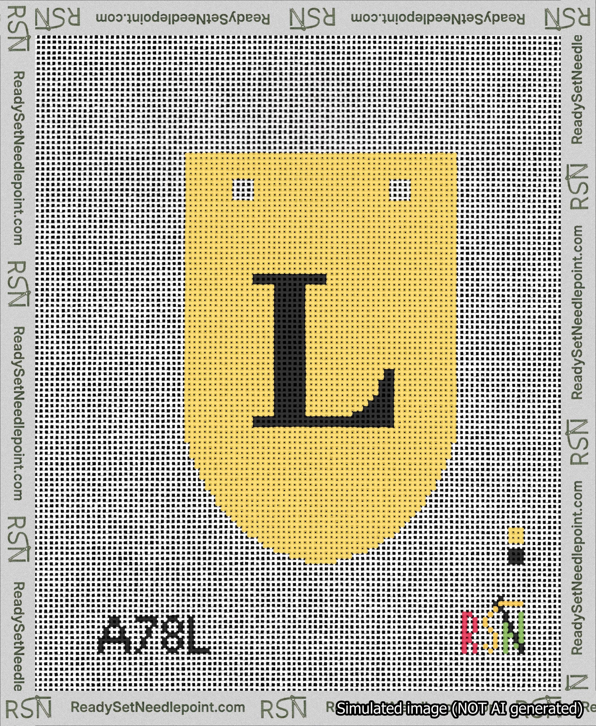 A taped needlepoint canvas with the design: Banner 13 mesh count Rounded L Black on Yellow.