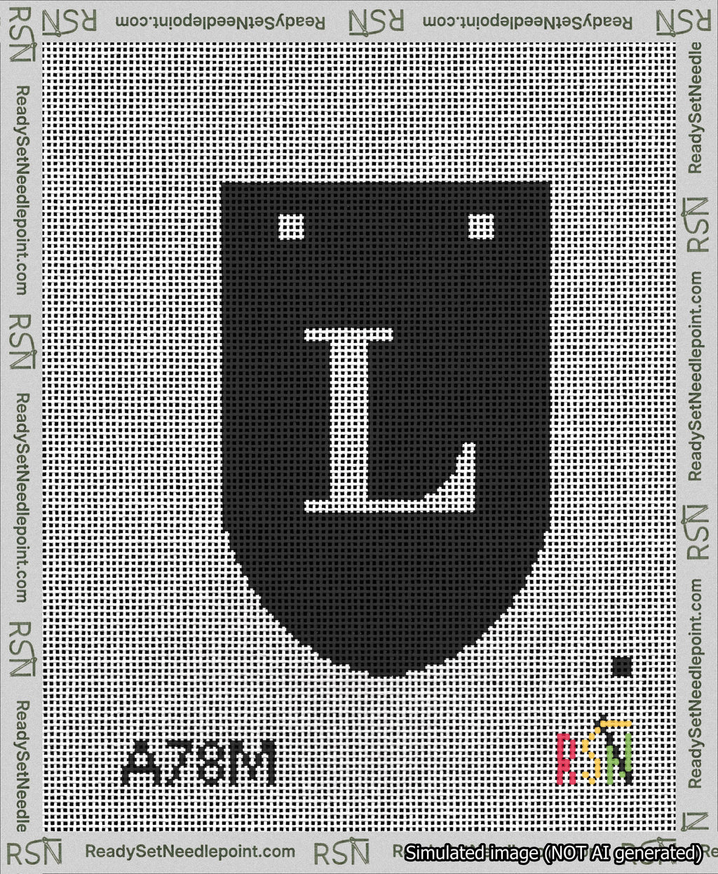 A taped needlepoint canvas with the design: Banner 13 mesh count Rounded L White on Black.