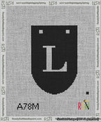 A taped needlepoint canvas with the design: Banner 13 mesh count Rounded L White on Black.