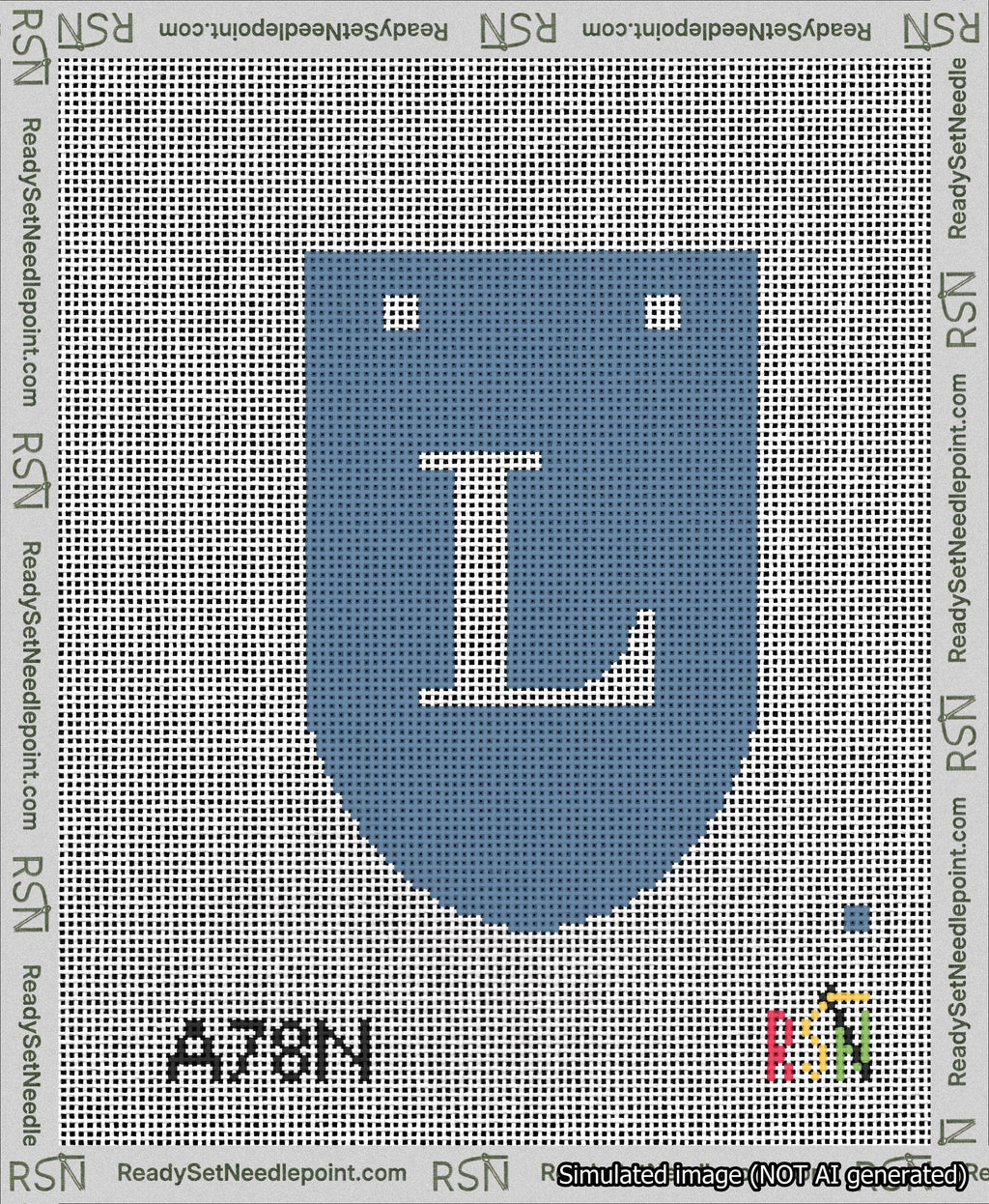 A taped needlepoint canvas with the design: Banner 13 mesh count Rounded L White on Blue.