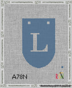 A taped needlepoint canvas with the design: Banner 13 mesh count Rounded L White on Blue.