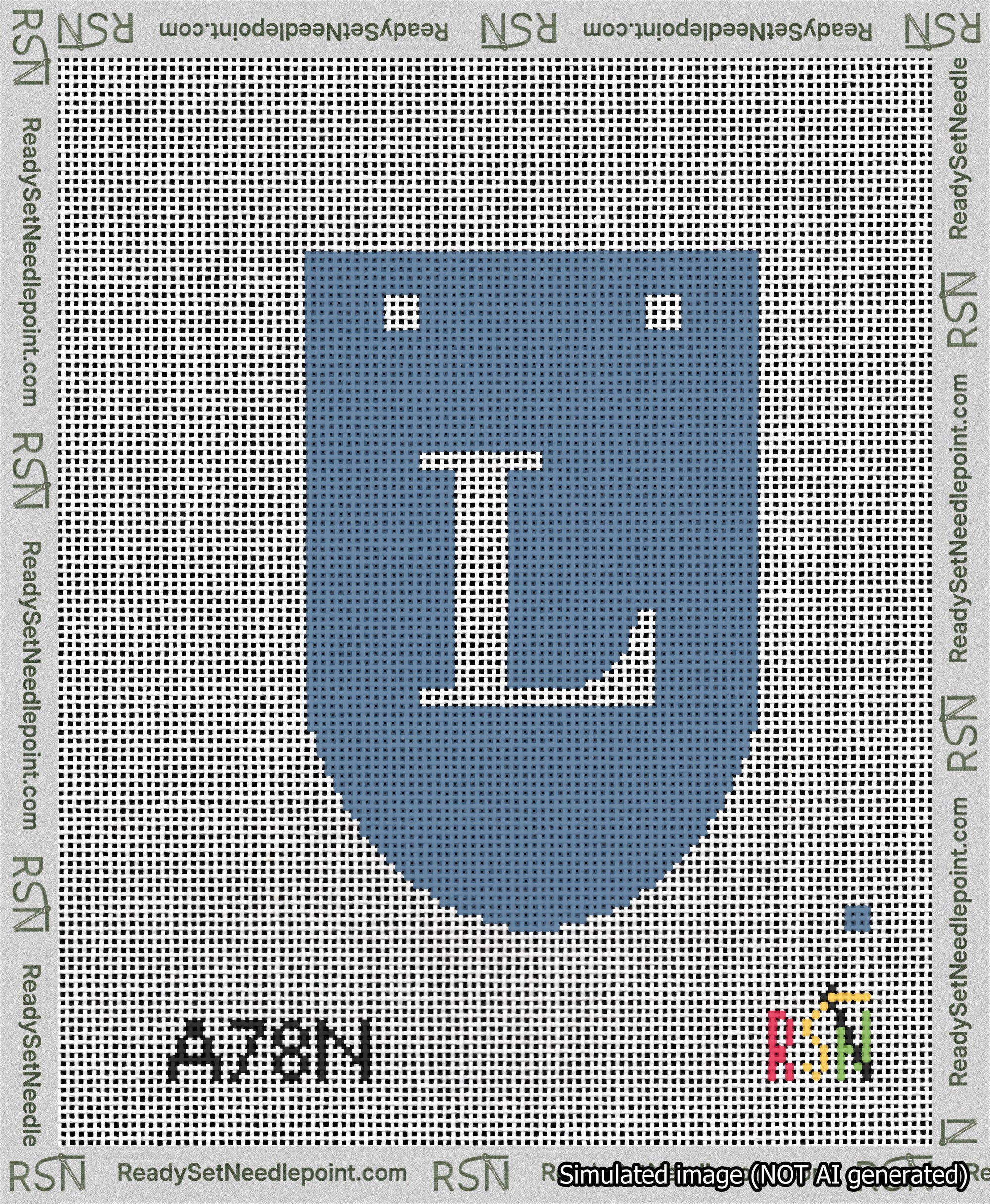 A taped needlepoint canvas with the design: Banner 13 mesh count Rounded L White on Blue.