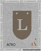 A taped needlepoint canvas with the design: Banner 13 mesh count Rounded L White on Brown.