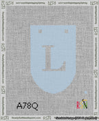 A taped needlepoint canvas with the design: Banner 13 mesh count Rounded L White on Light Blue.