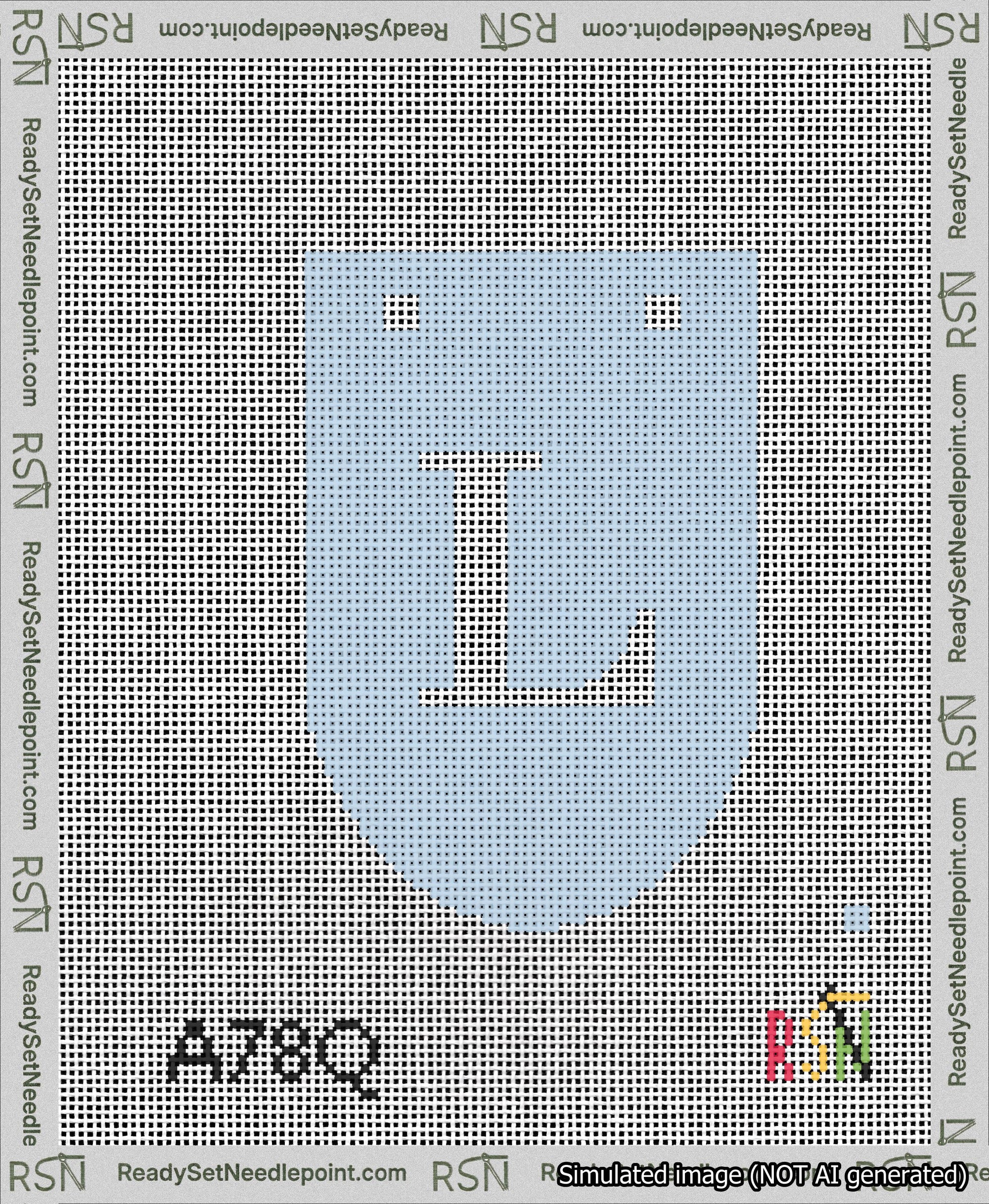 A taped needlepoint canvas with the design: Banner 13 mesh count Rounded L White on Light Blue.