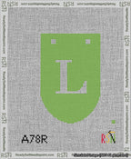 A taped needlepoint canvas with the design: Banner 13 mesh count Rounded L White on Light Green.