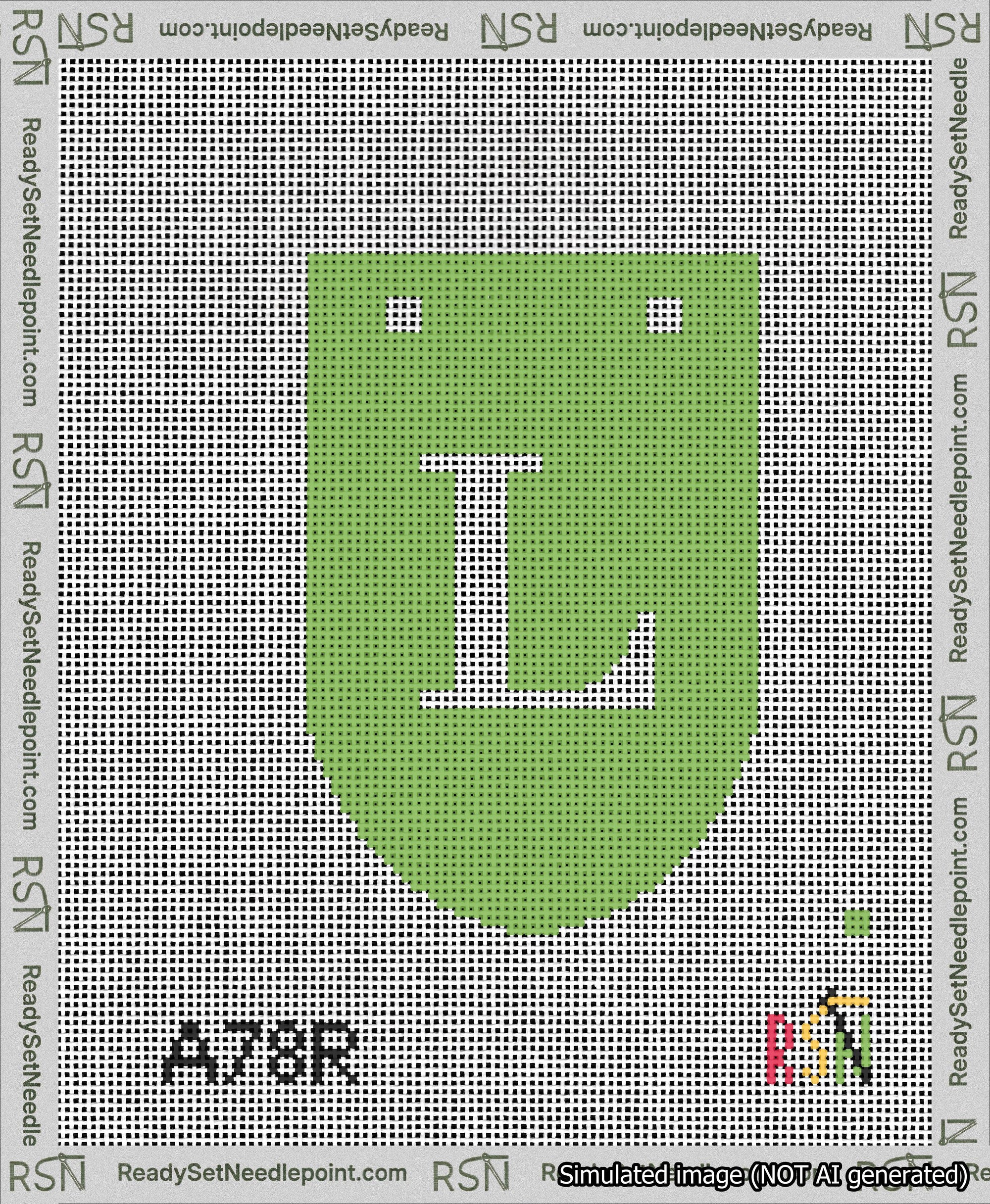A taped needlepoint canvas with the design: Banner 13 mesh count Rounded L White on Light Green.