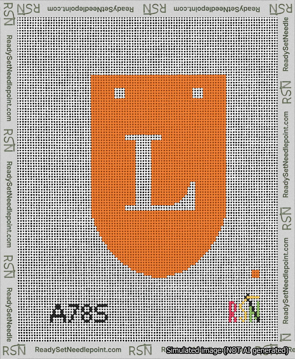 A taped needlepoint canvas with the design: Banner 13 mesh count Rounded L White on Orange.