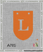 A taped needlepoint canvas with the design: Banner 13 mesh count Rounded L White on Orange.