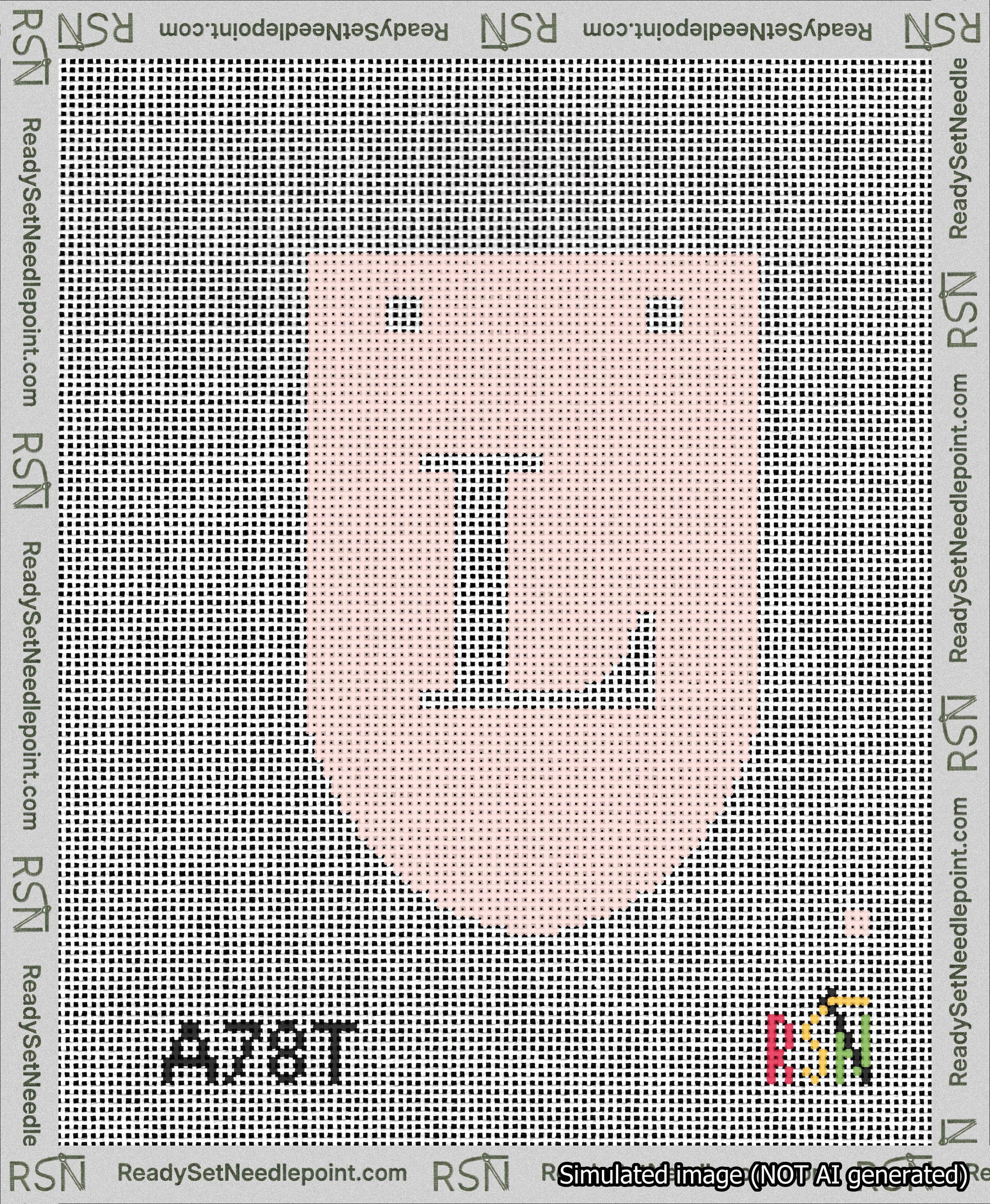 A taped needlepoint canvas with the design: Banner 13 mesh count Rounded L White on Pink.
