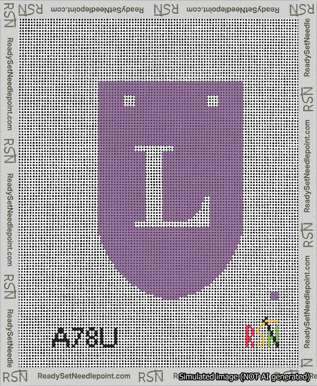 A taped needlepoint canvas with the design: Banner 13 mesh count Rounded L White on Purple.